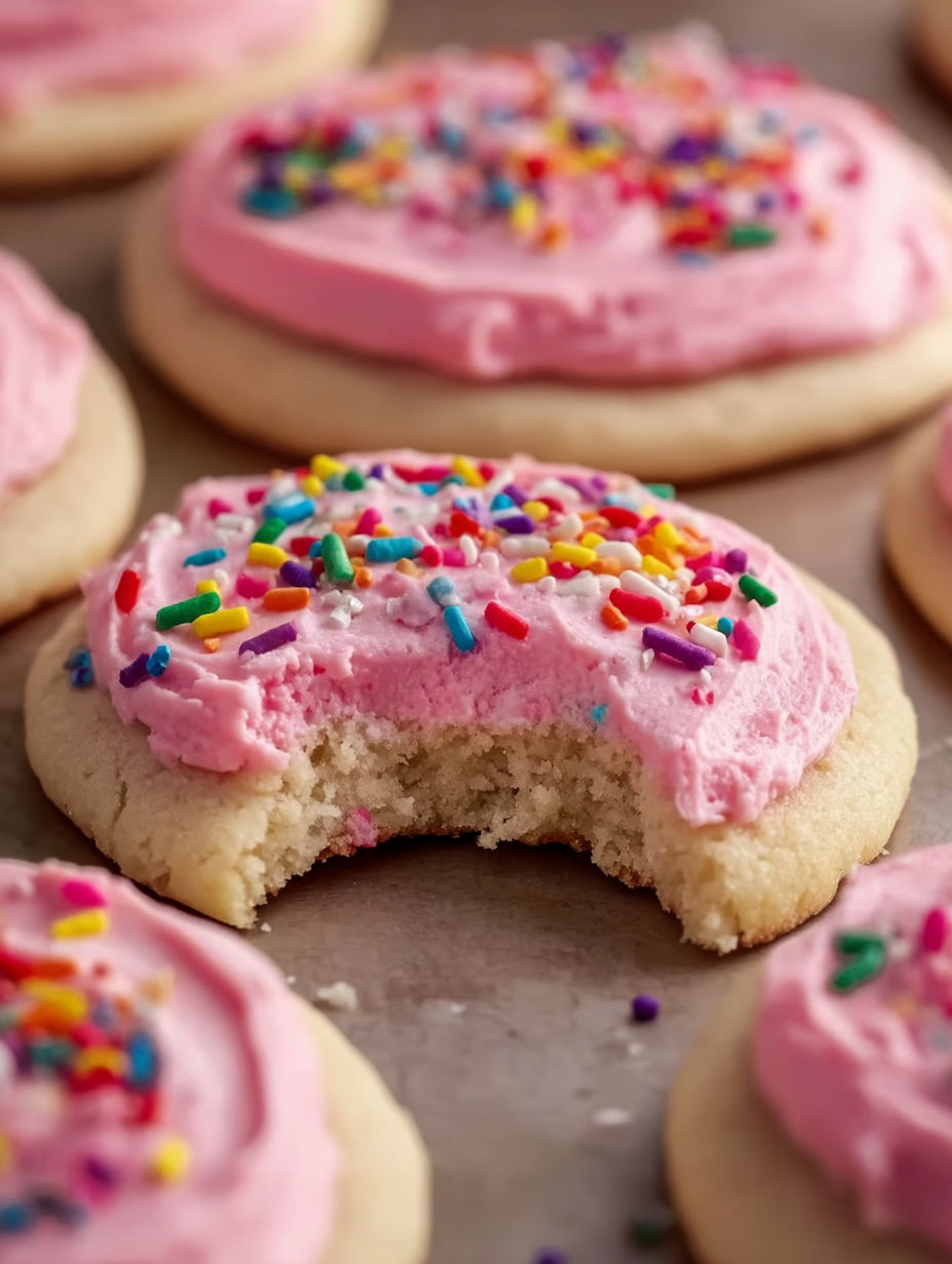 A cookie with pink frosting and sprinkles.