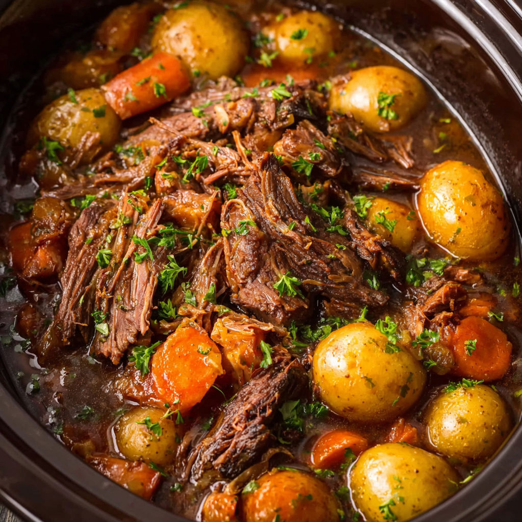 A pot of beef and vegetables in a crock pot.
