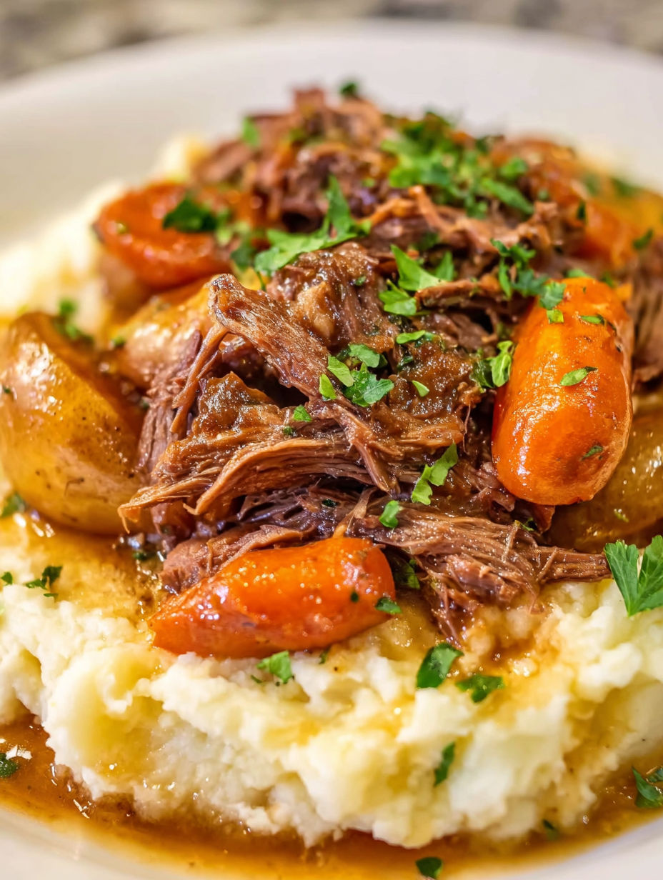 A delicious pot roast with carrots and green onions.
