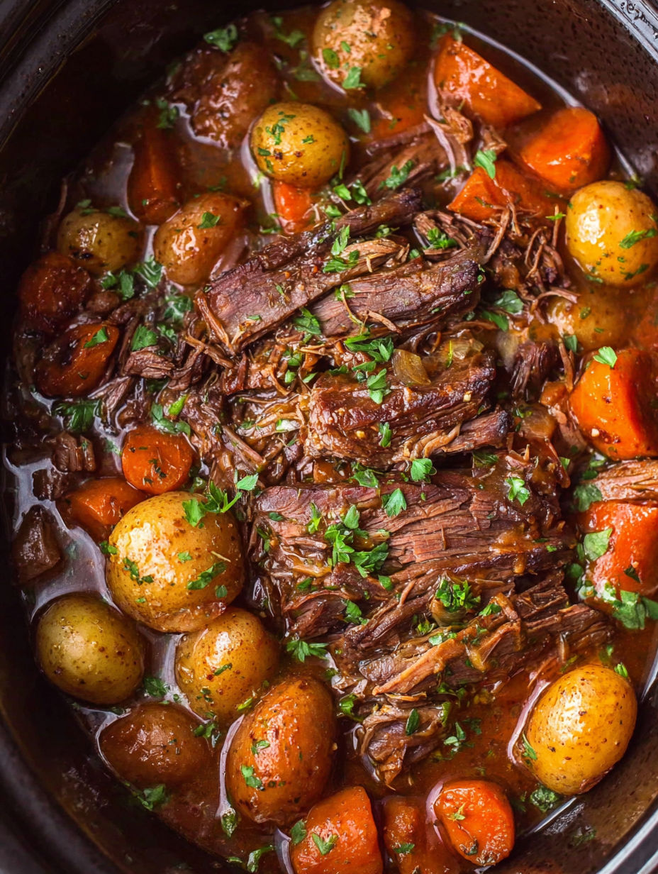 A pot of beef and vegetables in a crock pot.