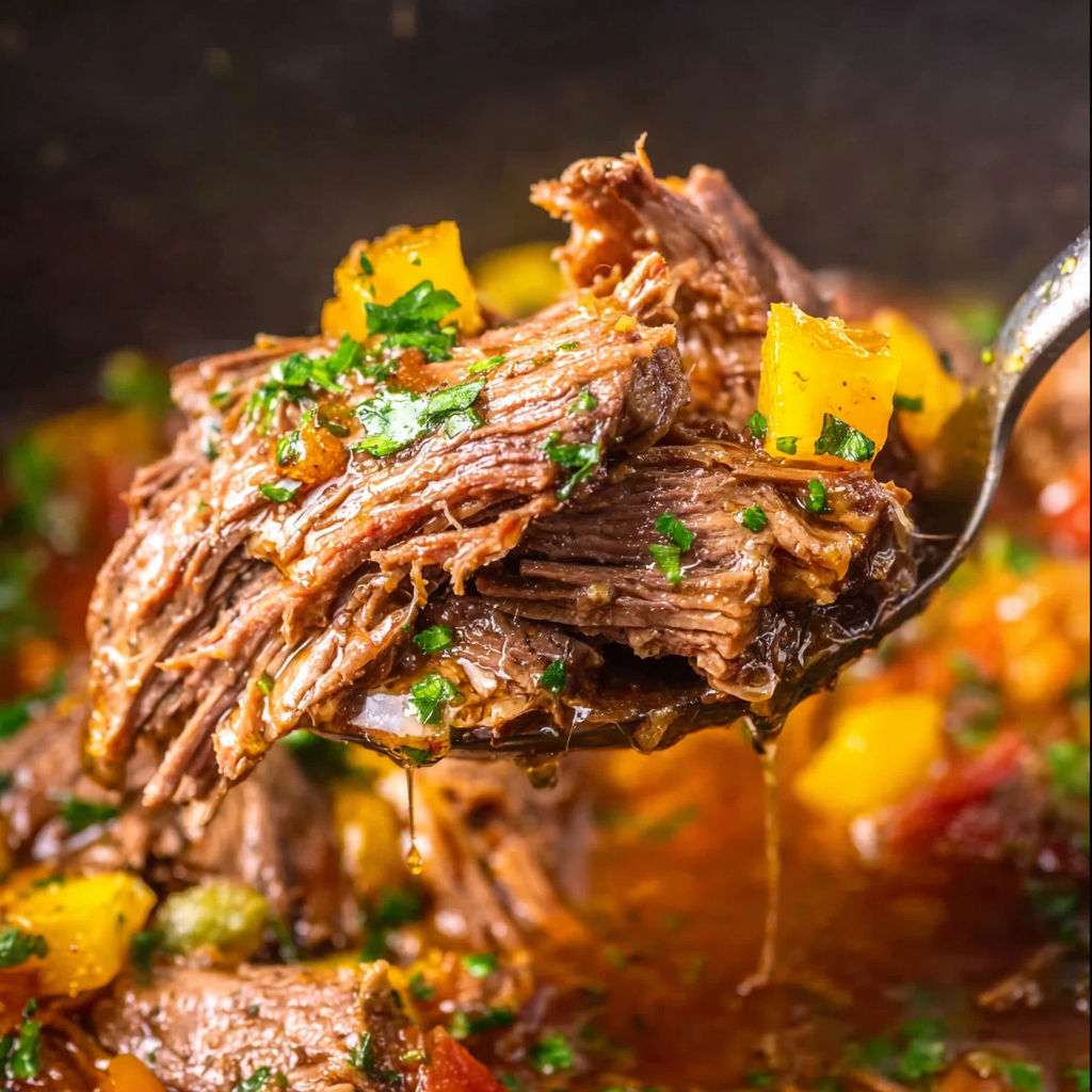 A close up of a fork full of beef in a crock pot.