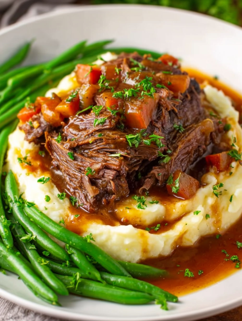 A pot roast with green beans and carrots.