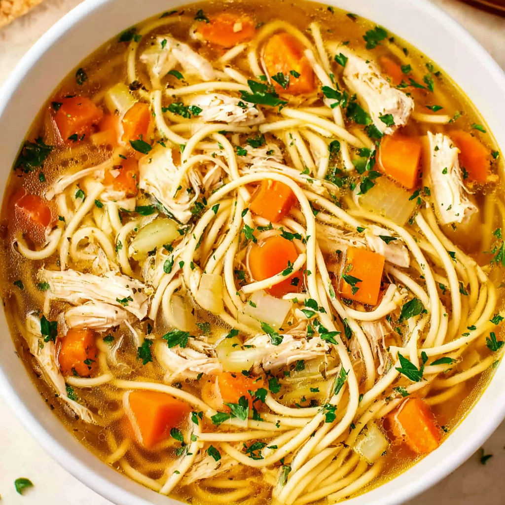 A bowl of chicken noodle soup with carrots and parsley.