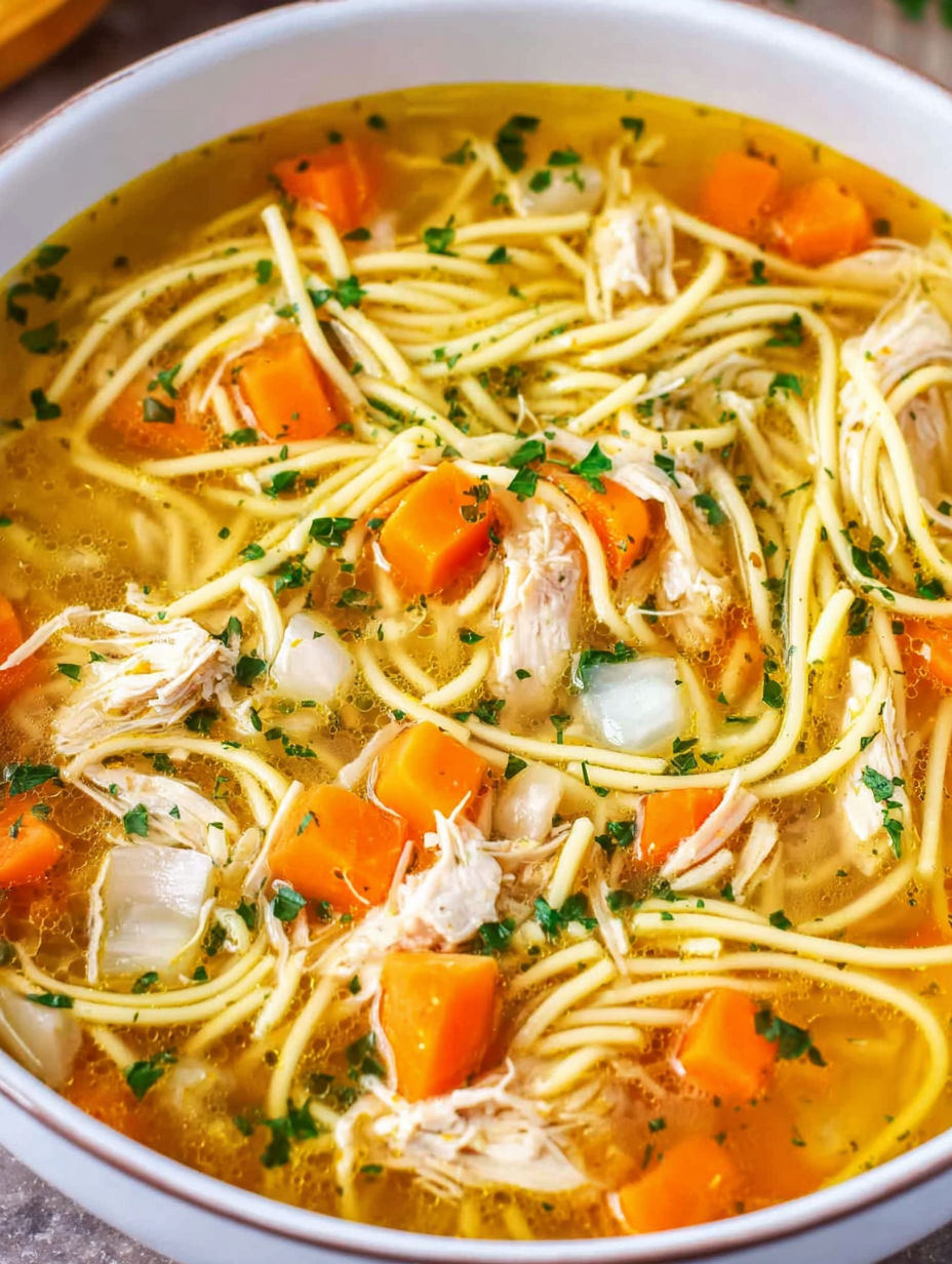 A bowl of soup with chicken and noodles.