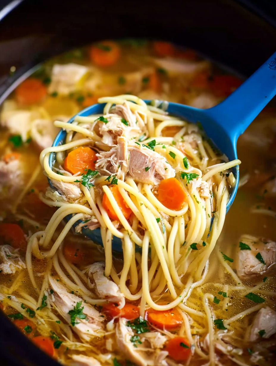 A bowl of soup with noodles and chicken.