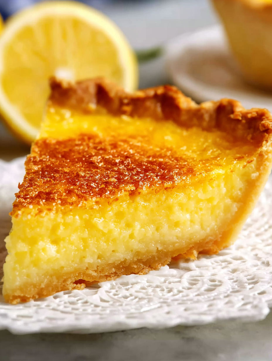 A slice of buttermilk pie on a white plate.
