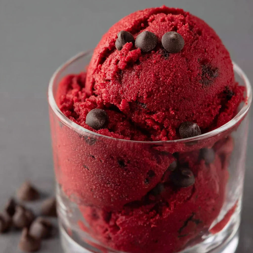 A glass of red velvet ice cream.