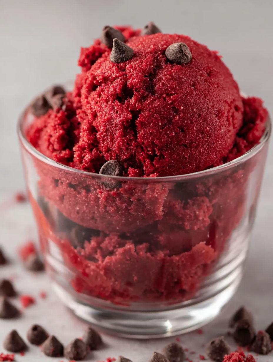 A red velvet cookie dough in a glass bowl.