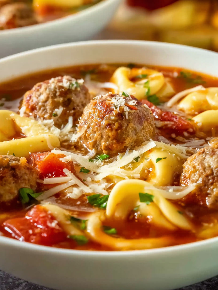 A bowl of meatball and tortellini soup.
