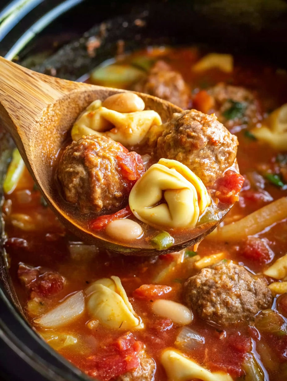 A wooden spoon is in a bowl of meatball and tortellini soup.