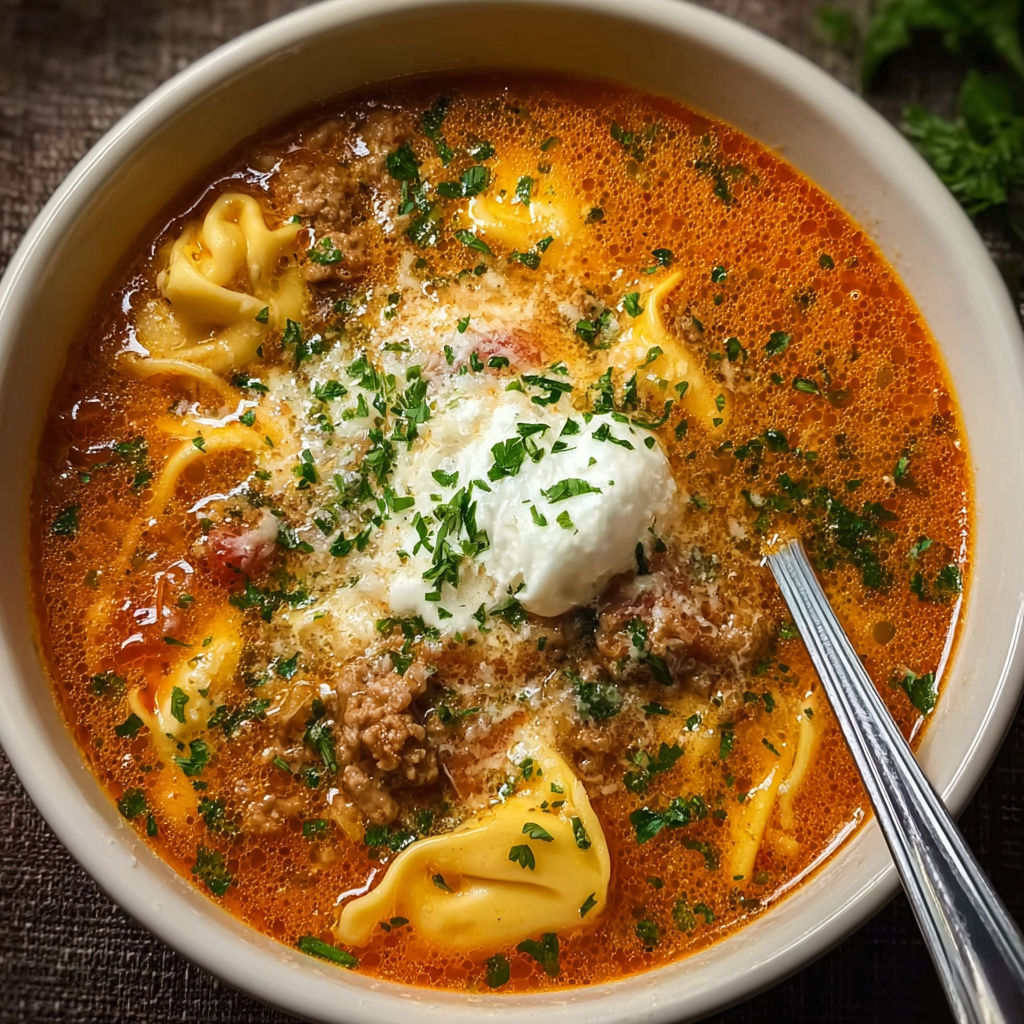 A bowl of meatball and tortellini soup.