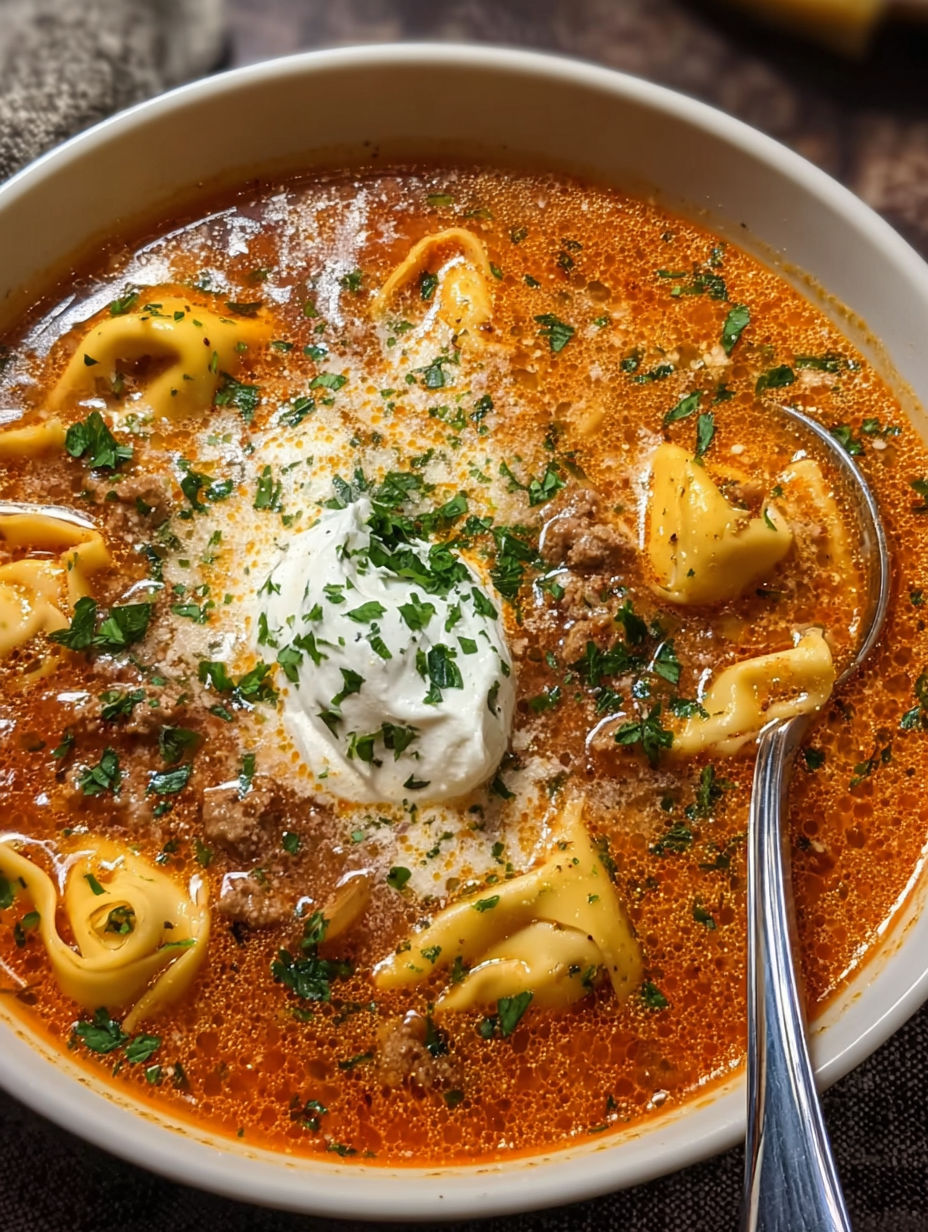 A bowl of soup with meatballs and tortellini.