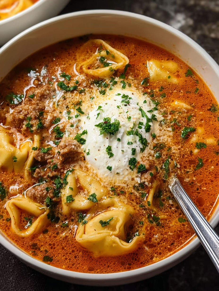 A bowl of soup with meatballs and tortellini.