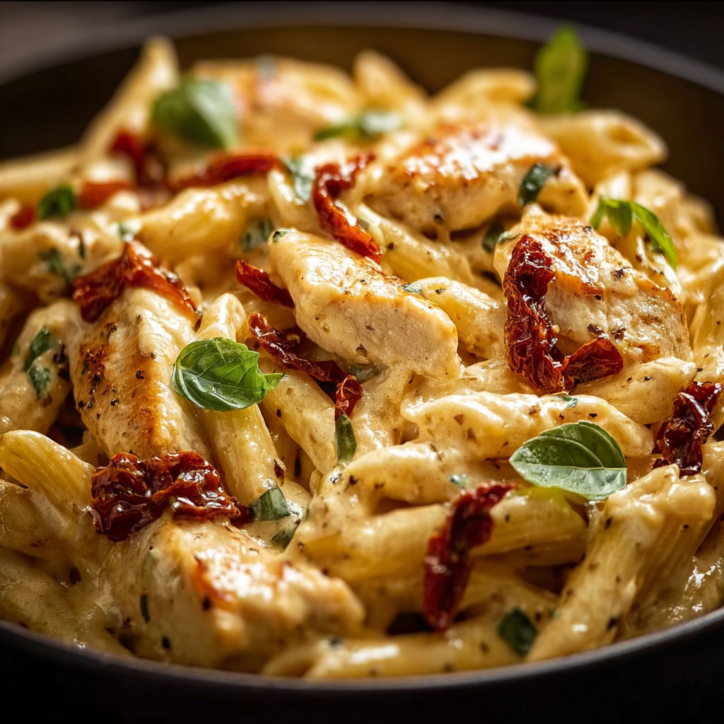 A bowl of creamy chicken penne pasta.