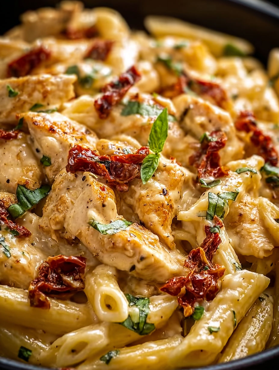 A creamy chicken penne pasta dish.