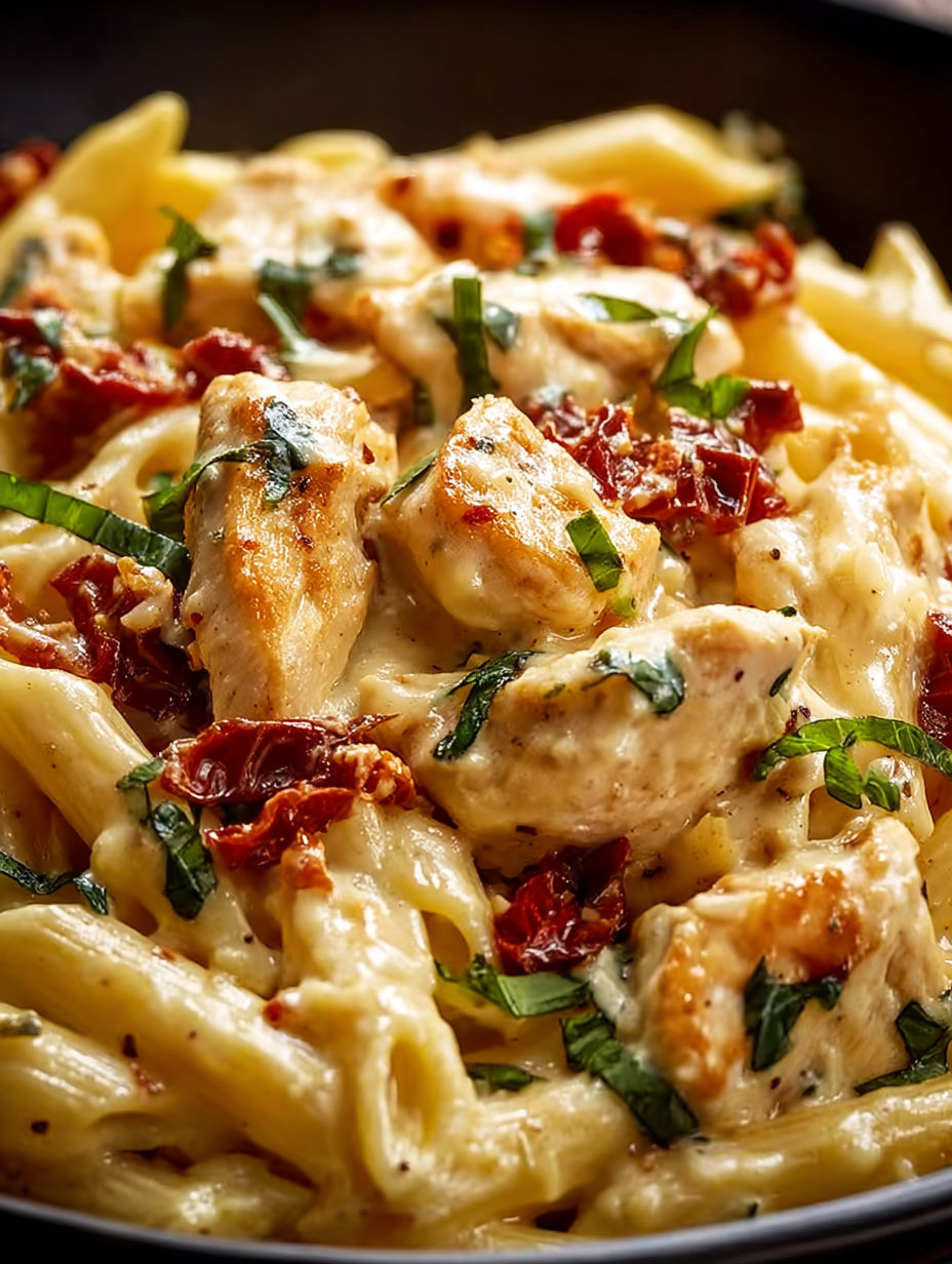 A plate of creamy chicken penne pasta.