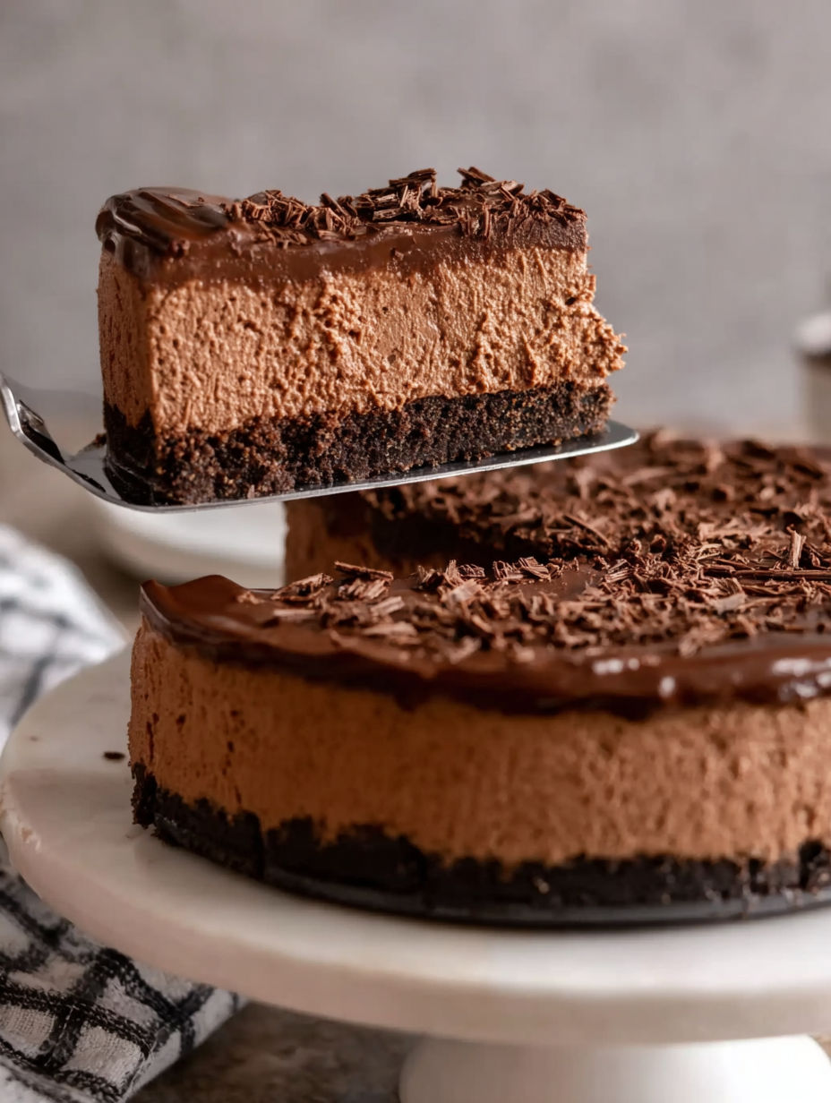 A slice of chocolate cheesecake on a plate.