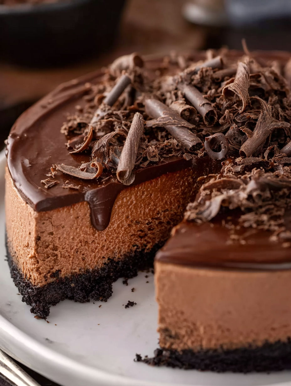 A slice of chocolate cheesecake with chocolate drizzle.