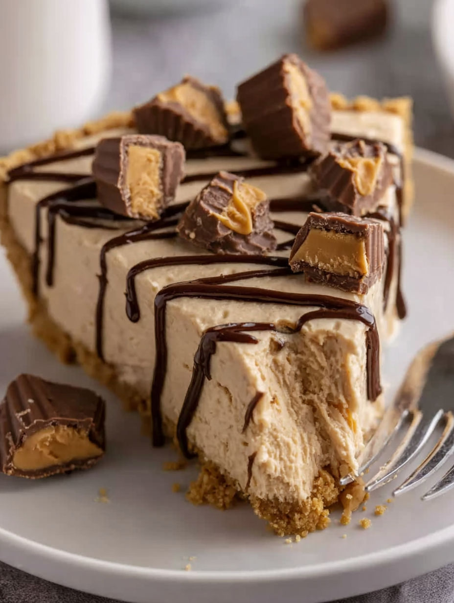 A slice of pie with chocolate drizzled on top.