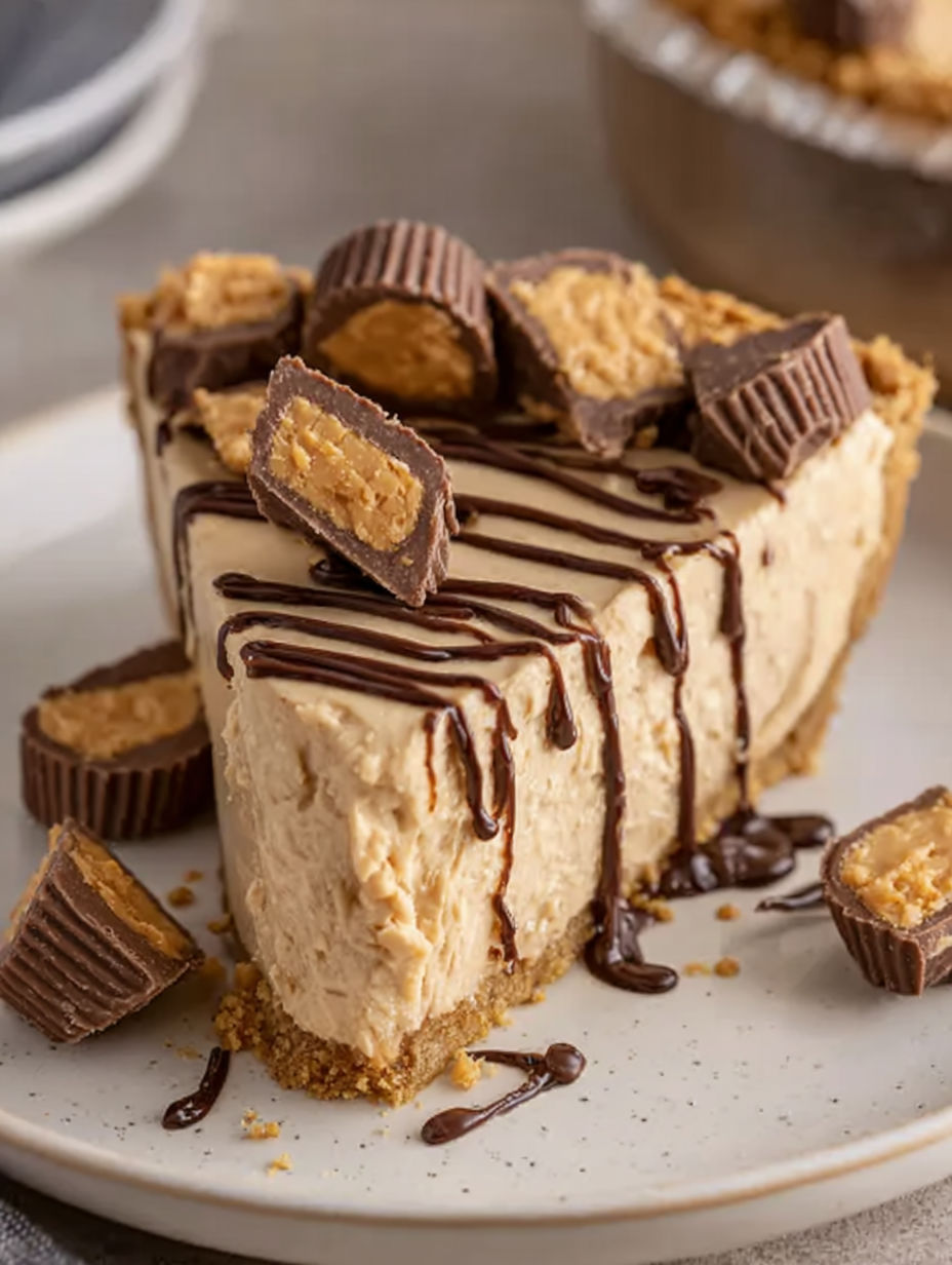 A slice of peanut butter pie with chocolate drizzle.
