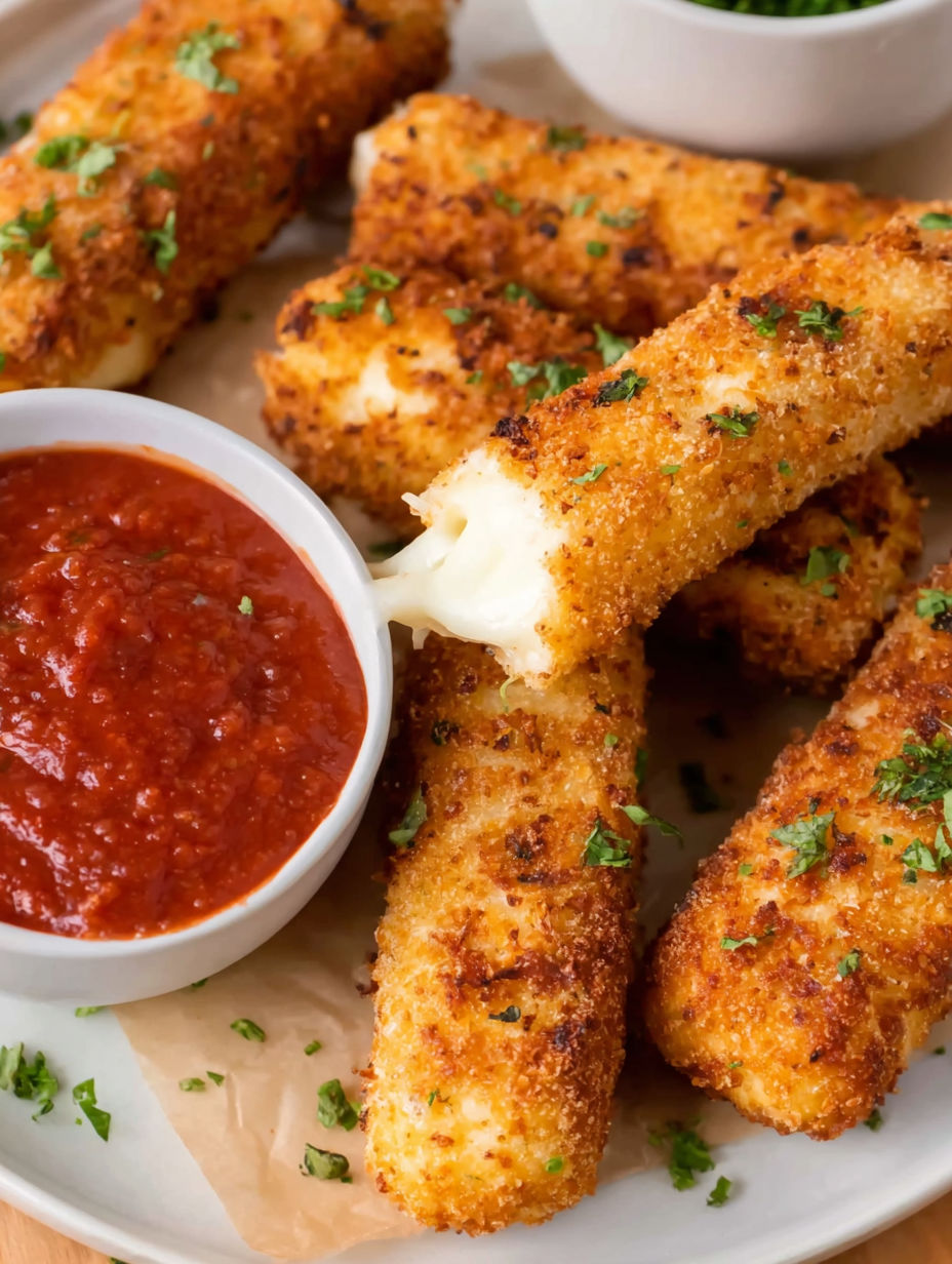 Mozzarella sticks in a bowl with marinara sauce.