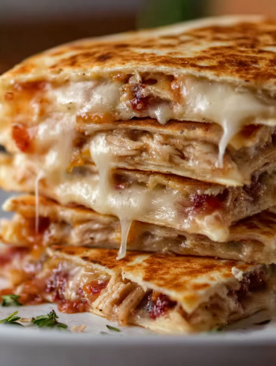 A stack of sandwiches with cheese and bacon.