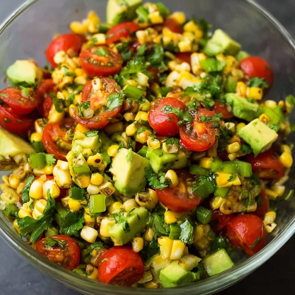 A bowl of corn salad with tomatoes and avocado.