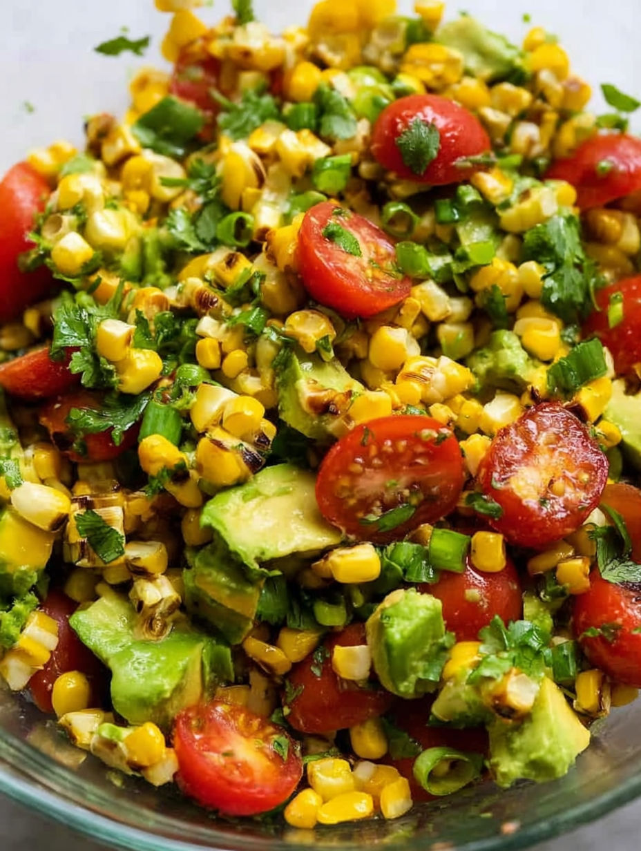 A bowl of roasted corn salad with avocado.
