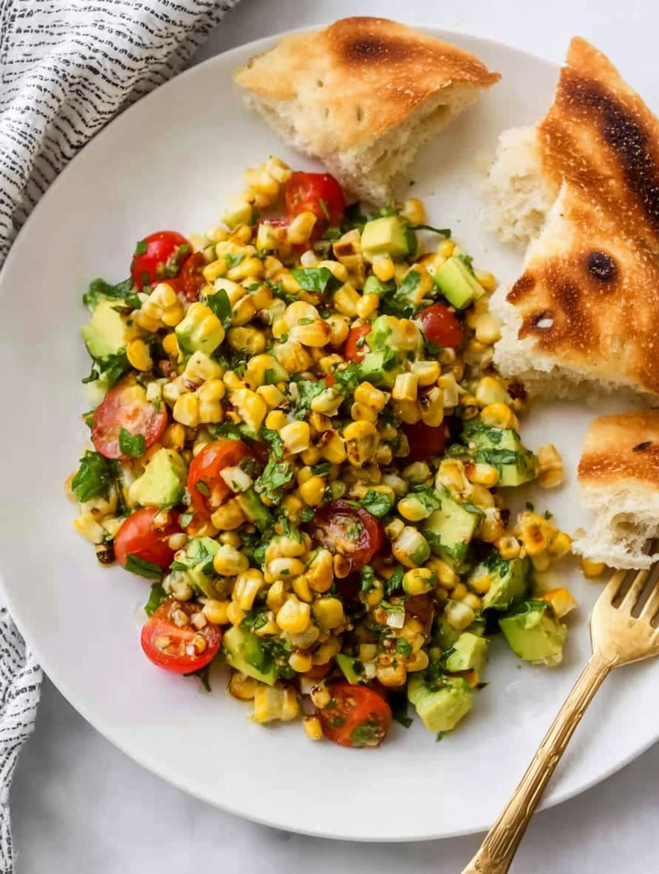 A plate of corn salad with tomatoes and avocado.