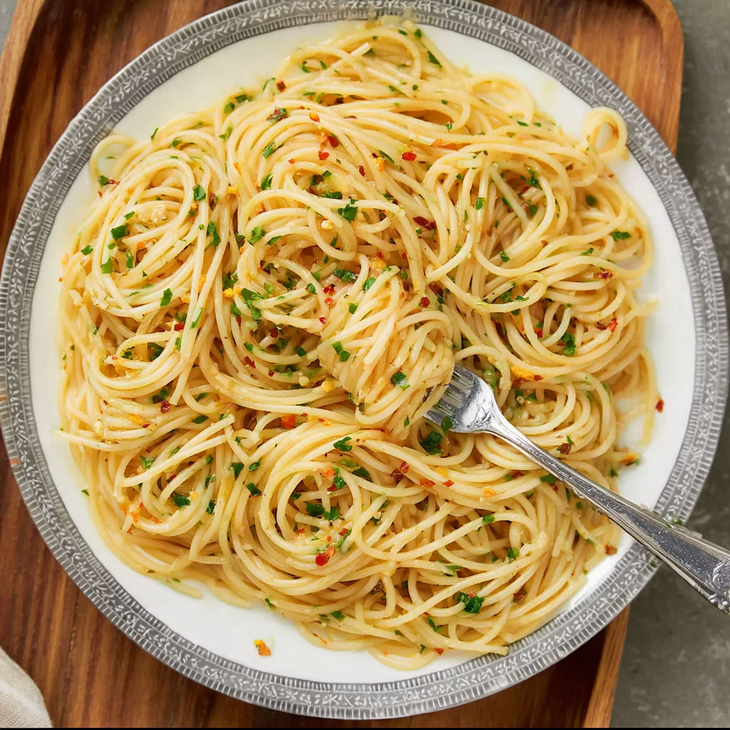 A plate of spaghetti aglio e olio.
