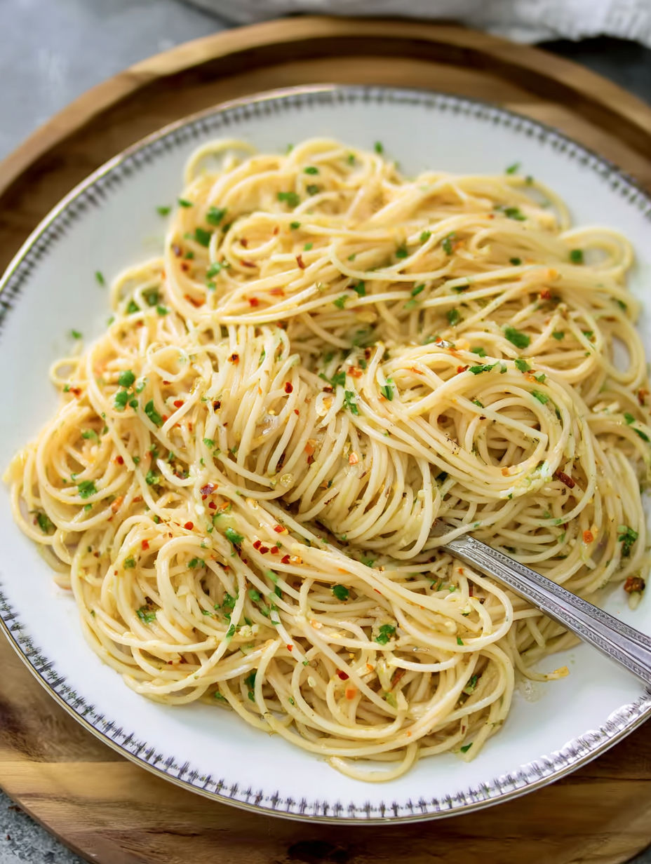 A plate of spaghetti with garlic and oil.