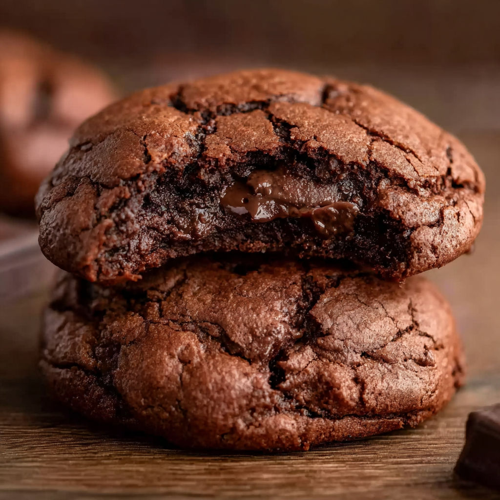 Two chocolate cookies with chocolate drizzle.