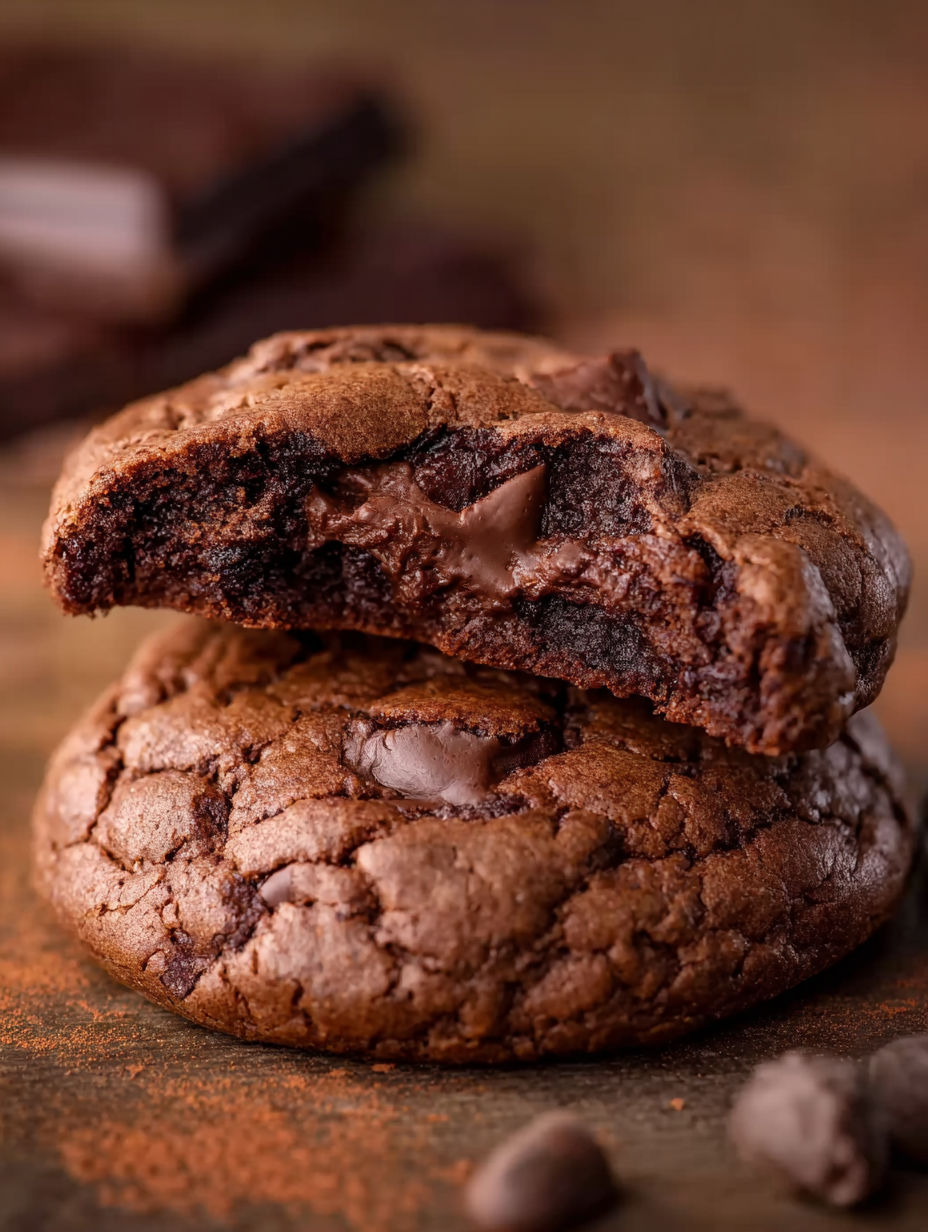 Two chocolate chip cookies stacked on top of each other.