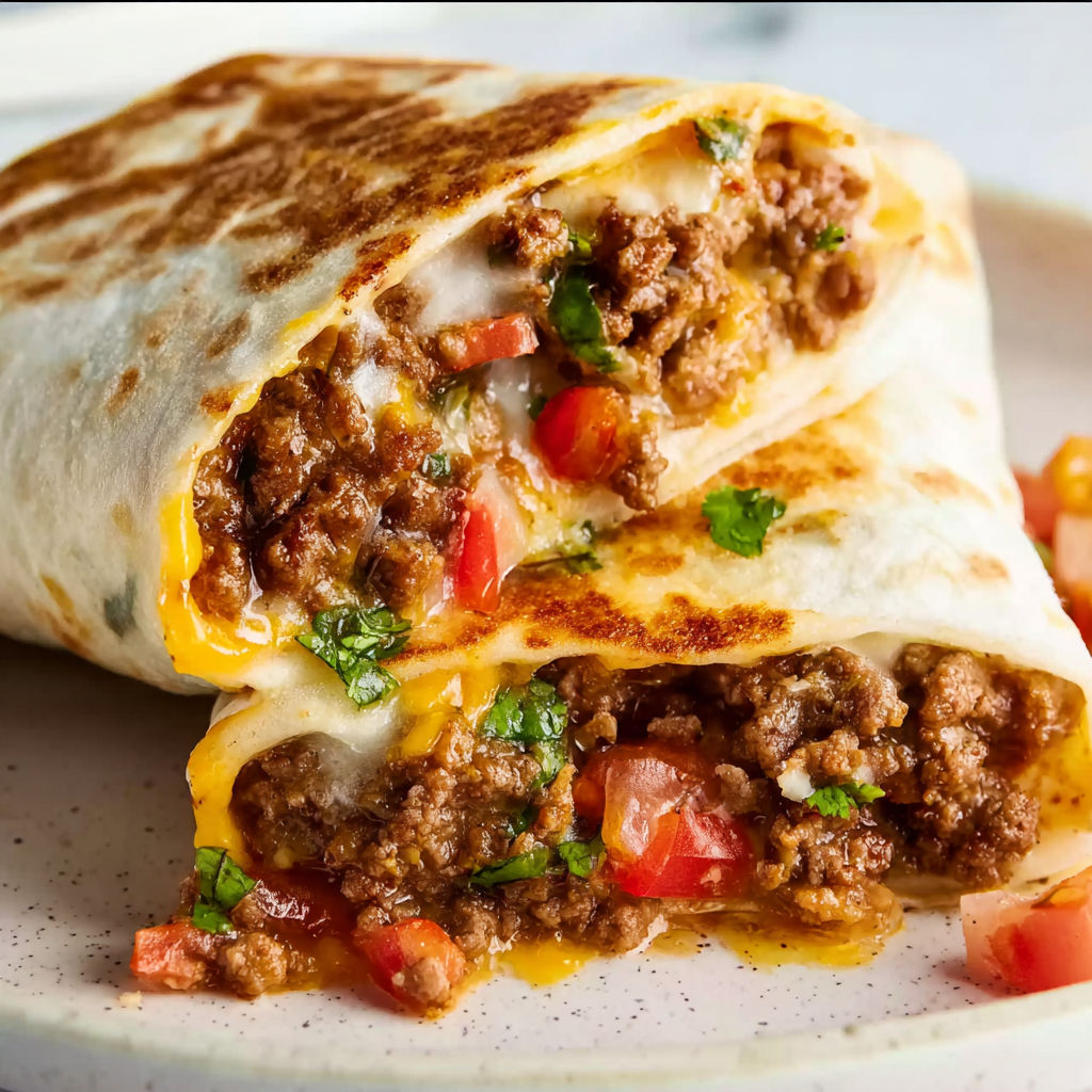 A delicious Mexican burrito with meat and tomatoes.