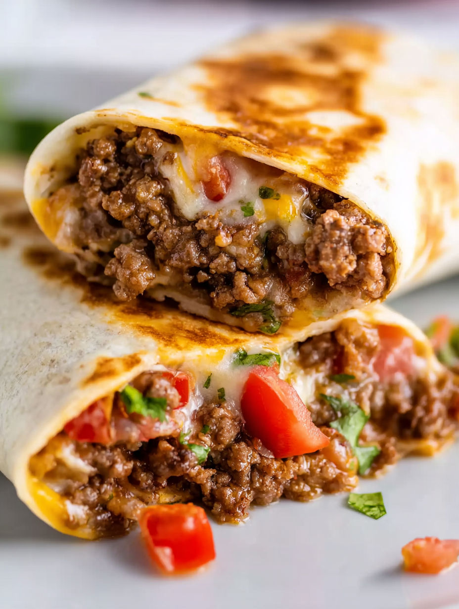 A burrito with meat and tomatoes.