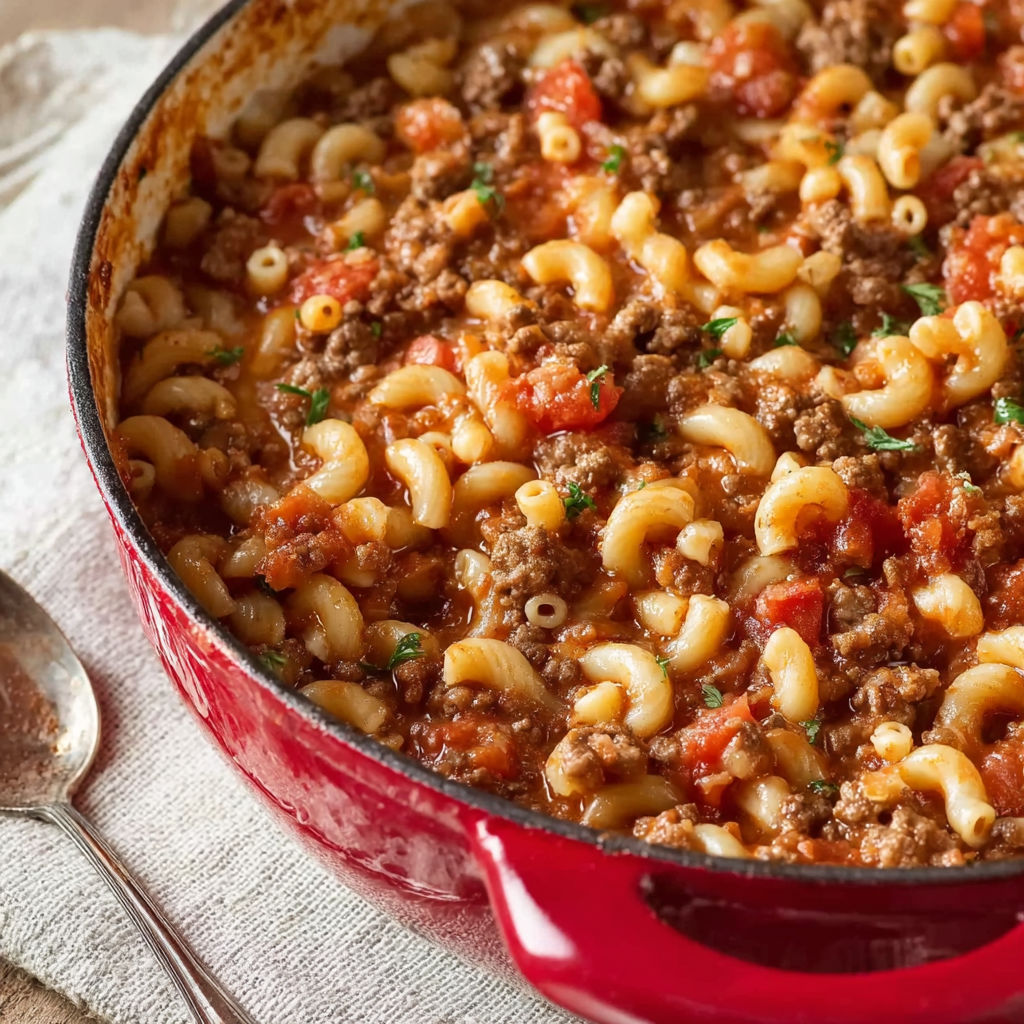 A red pot filled with a hearty meal of macaroni and meat.