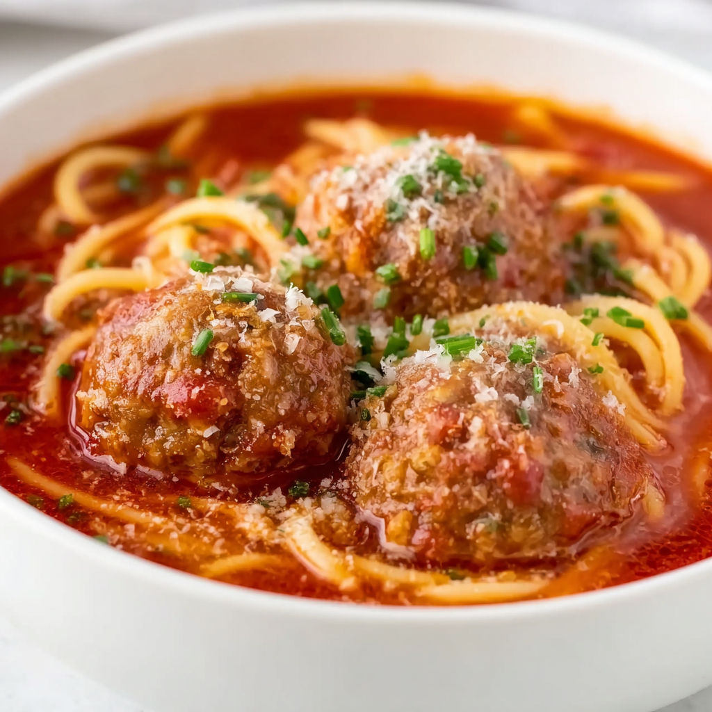 A bowl of spaghetti and meatballs.