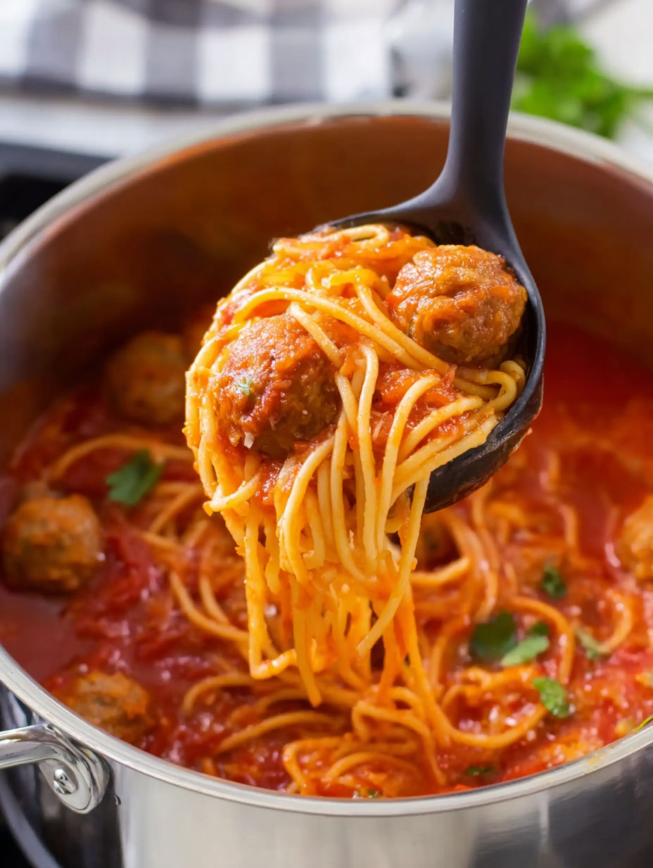 A spoon is in a bowl of spaghetti and meatballs.