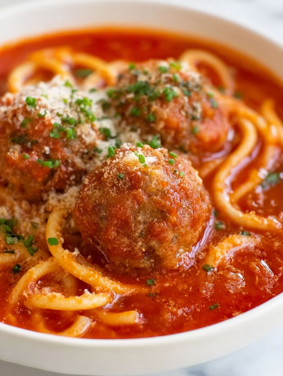 A bowl of spaghetti and meatballs.