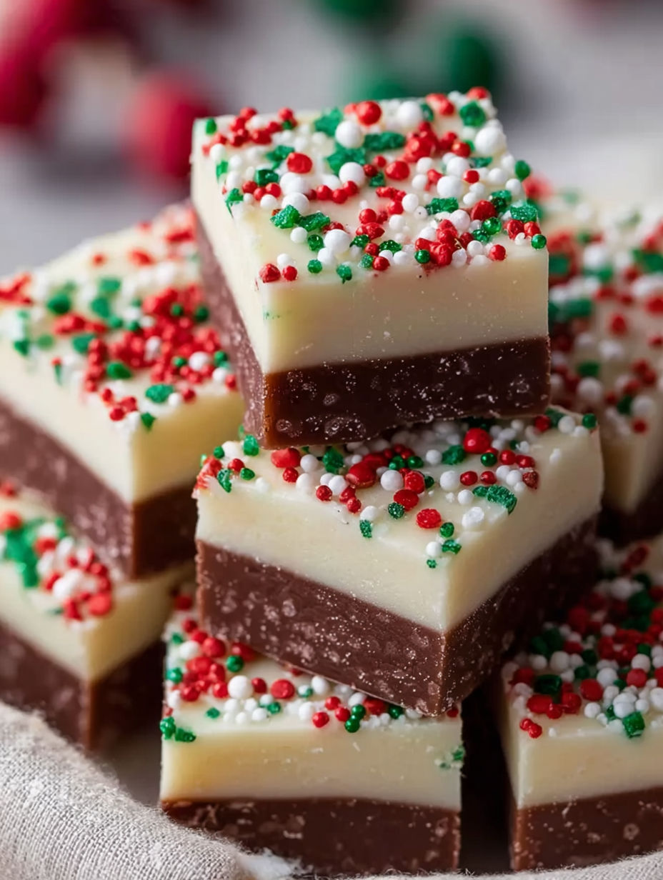 A stack of Christmas fudge with white and red sprinkles.