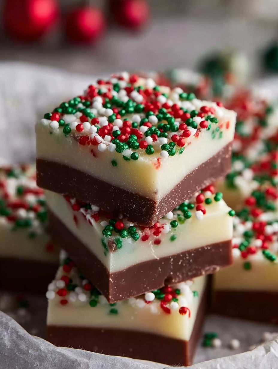 A stack of chocolate and white fudge.