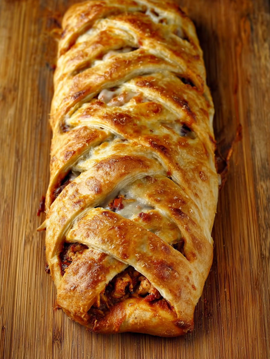 A braided pizza with barbecue chicken.