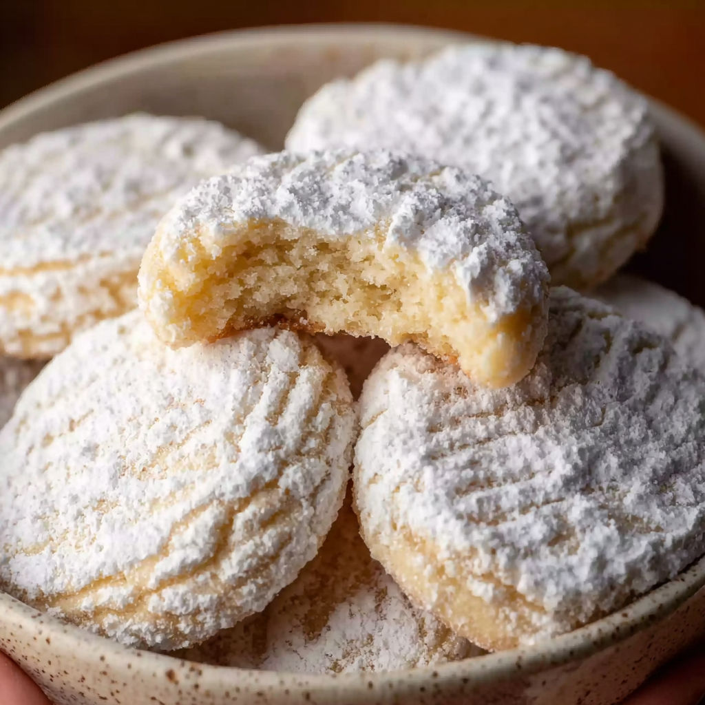 A bowl of cookies with a bite taken out of one.