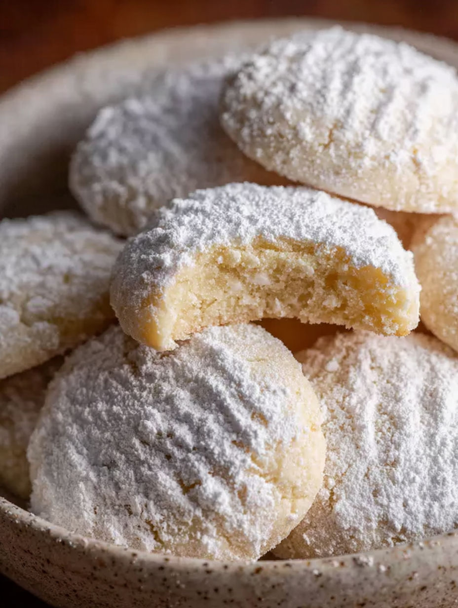 A bowl of cookies with white powder on top.