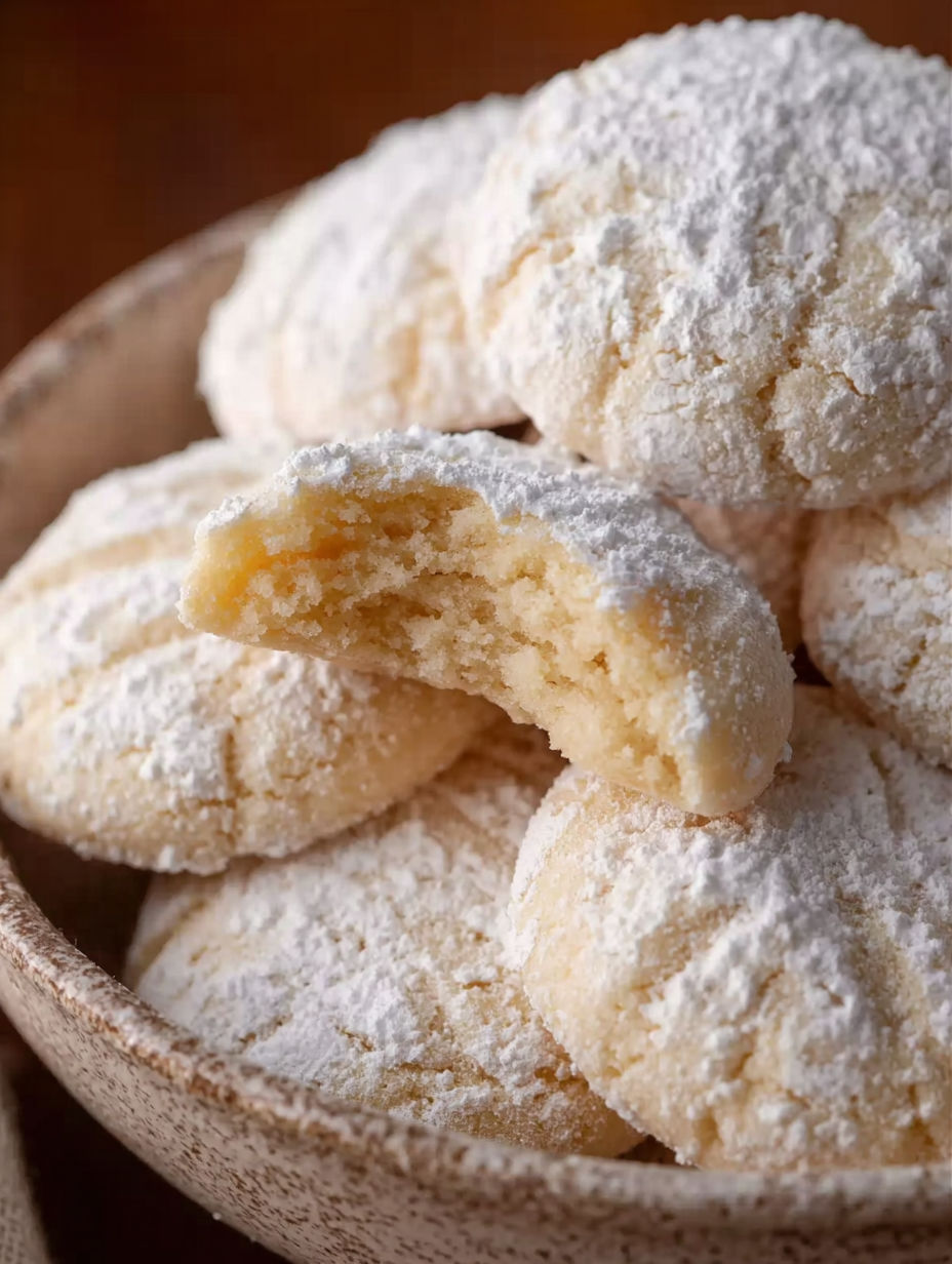 A bowl of cookies with a bite taken out of one.