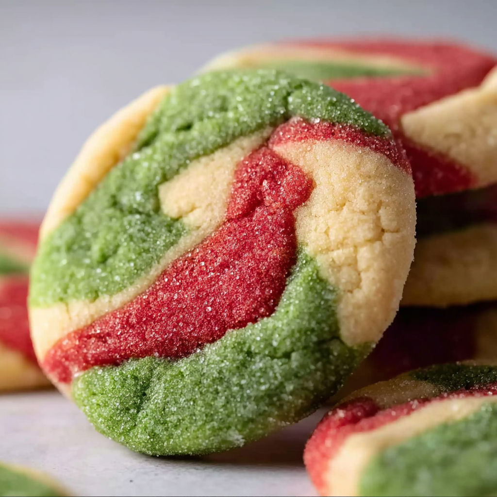 A close up of a marbled Christmas cookie.
