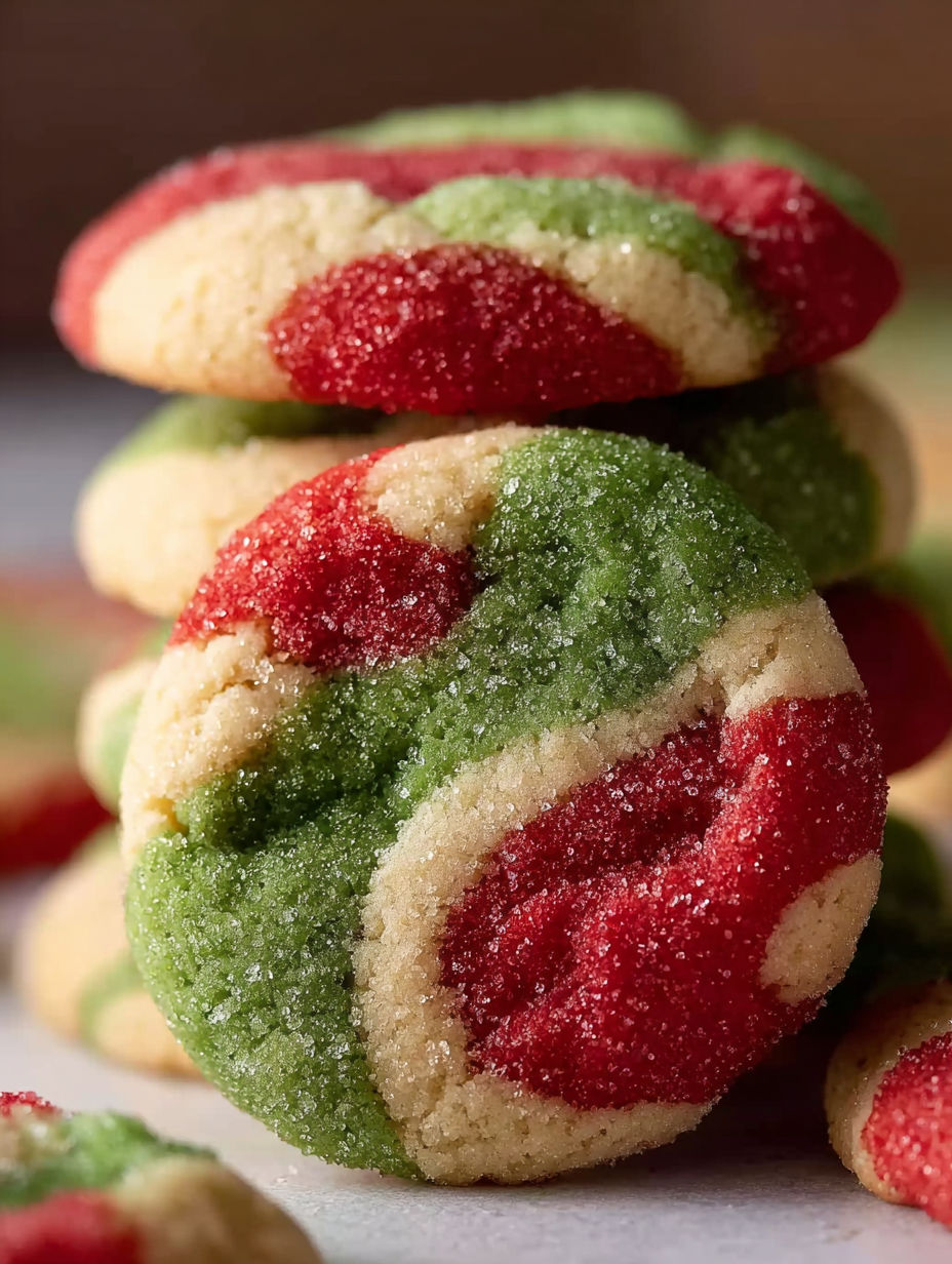 A stack of Christmas cookies with red, green, and white colors.