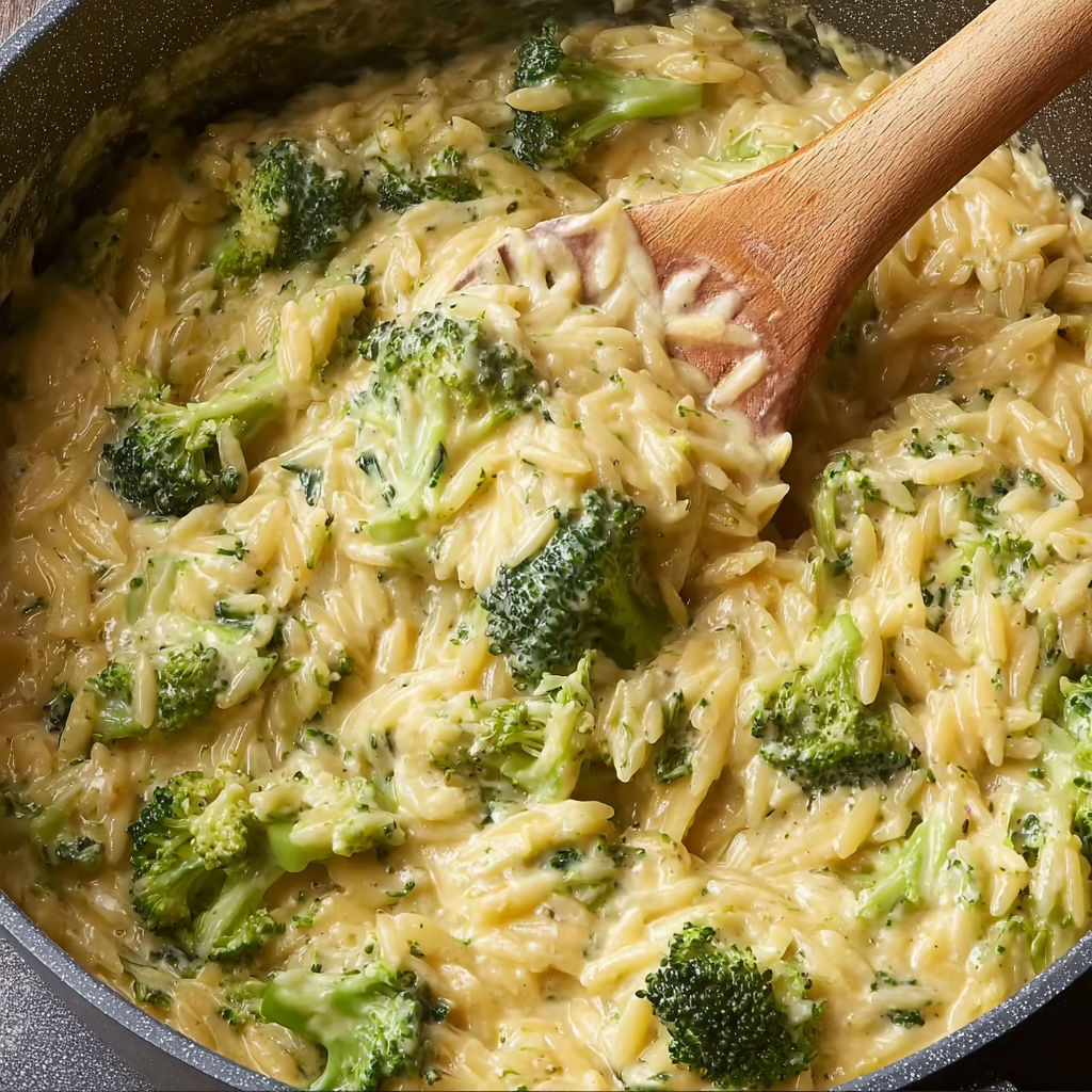 A bowl of broccoli cheddar orzo dinner.