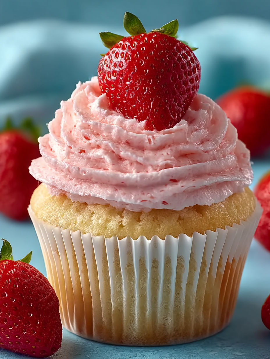 A cupcake with strawberries on top.