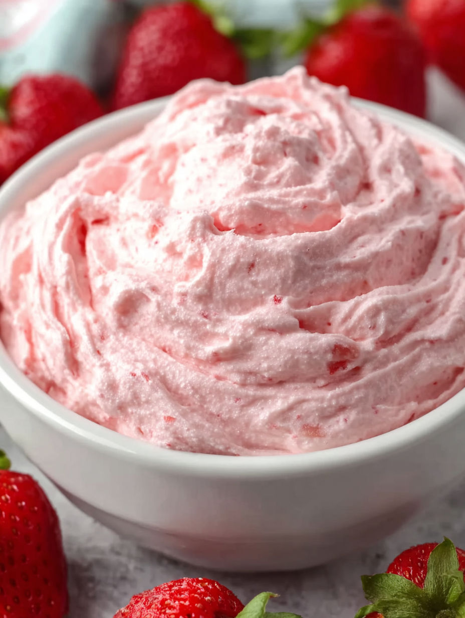 A bowl of strawberry cool whip topping.